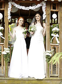 Pretty lesbian brides are making love